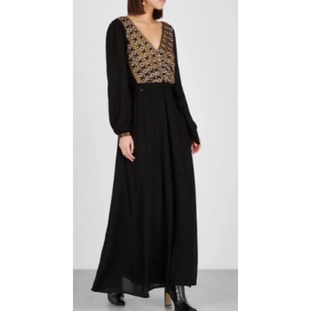 FREE PEOPLE Women's Size XS HEARTS‎ DESIRE EMBROIDERED Maxi BLACK DRESS NEW